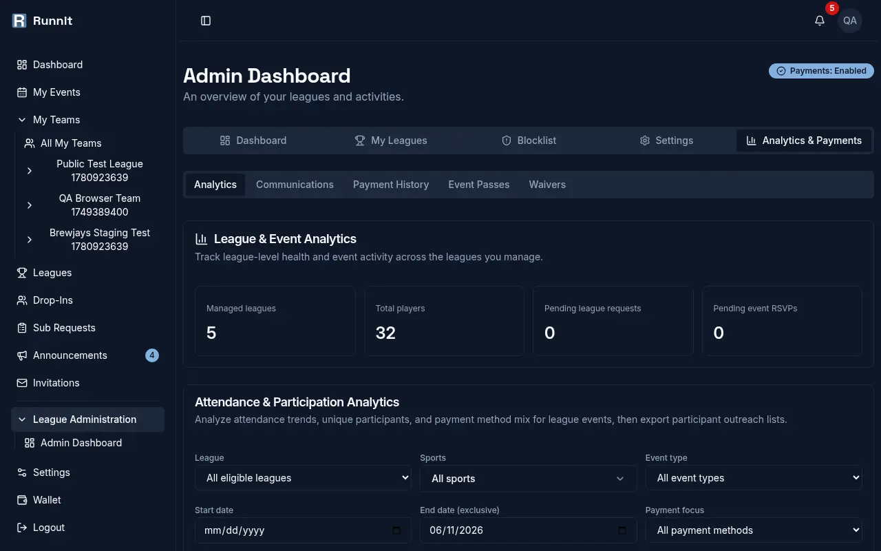 League analytics and payments dashboard with attendance and payment filters