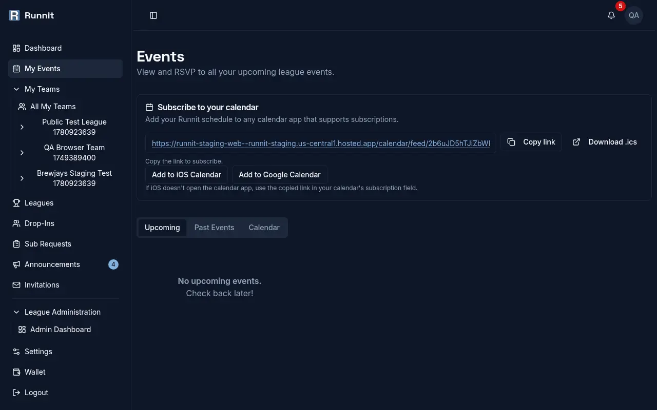Calendar subscription screen with an iCal feed link and Add to Google or iOS Calendar