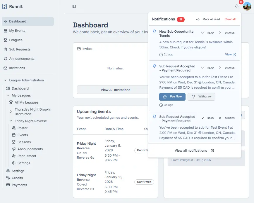 Dashboard showing notifications