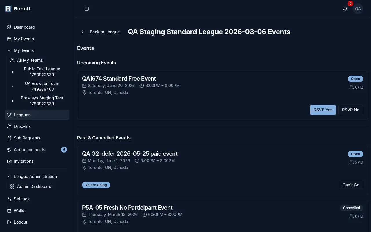 Runnit event list showing one-tap RSVP Yes/No, capacity, and event status