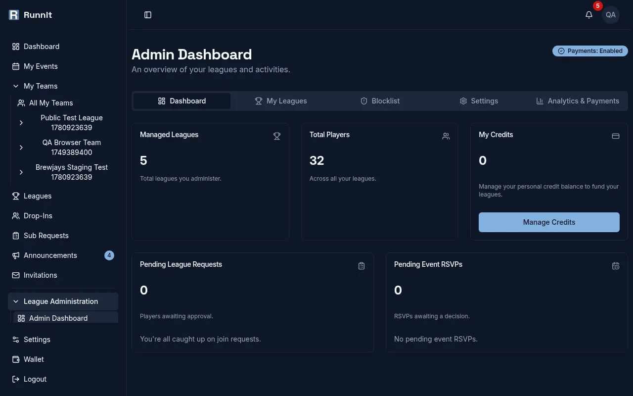 Organizer admin dashboard showing managed leagues, total players, and credits