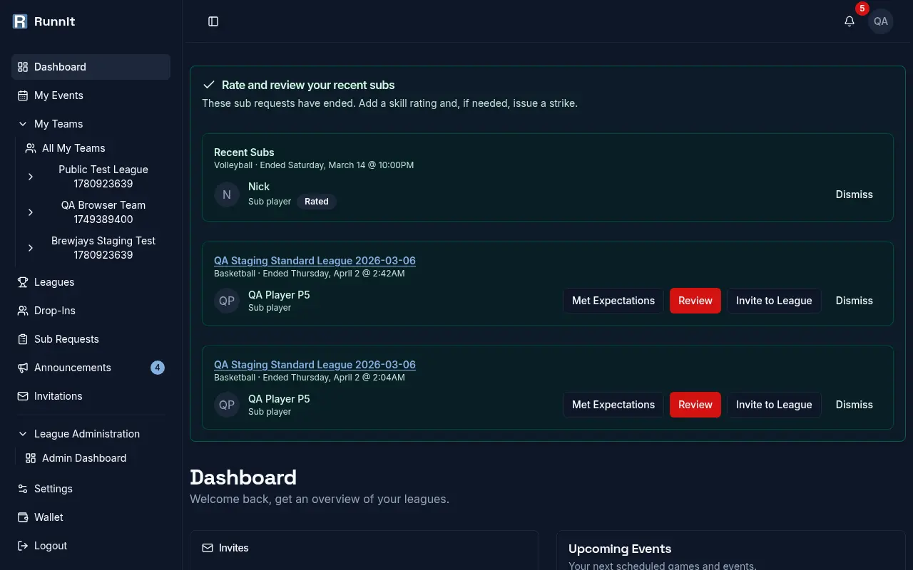 Player dashboard showing recent subs to rate and upcoming events