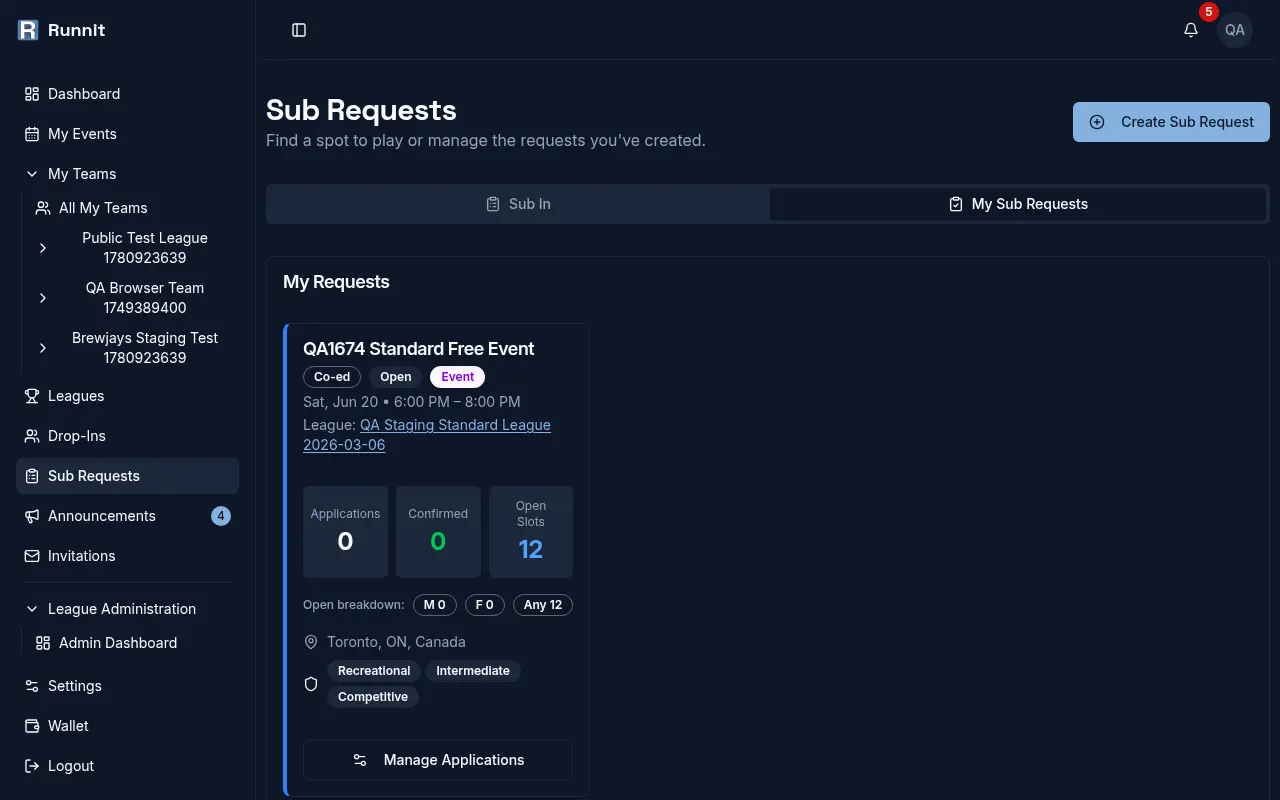 Sub request detail showing open slots, skill levels, and applications