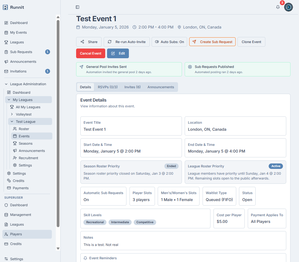Event details screen