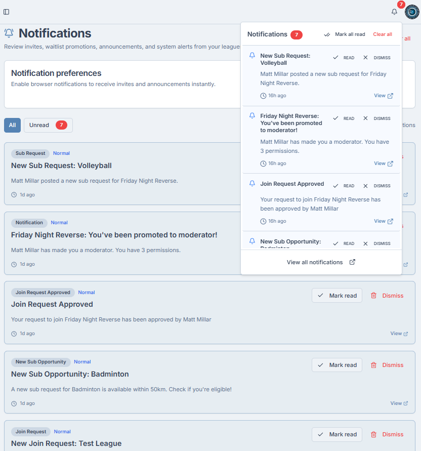 Notifications view