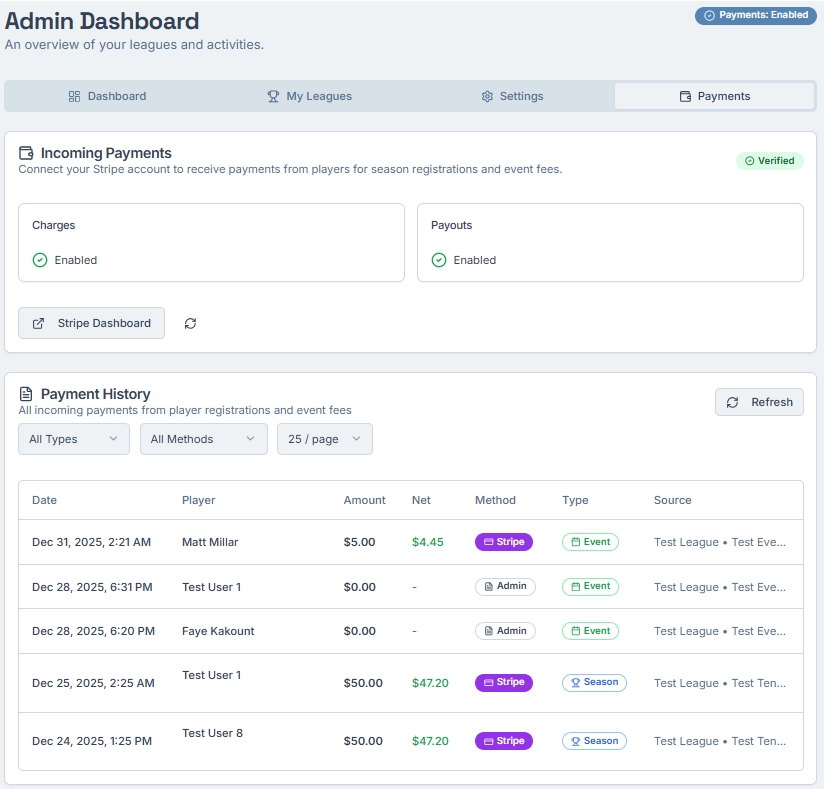 Payments screen showing Stripe options