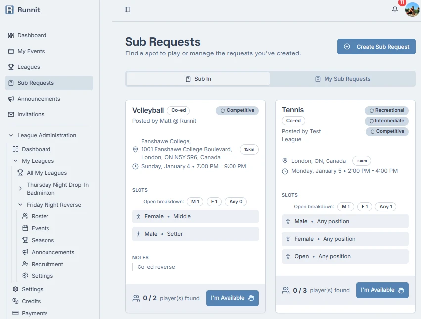 Sub requests list showing available opportunities